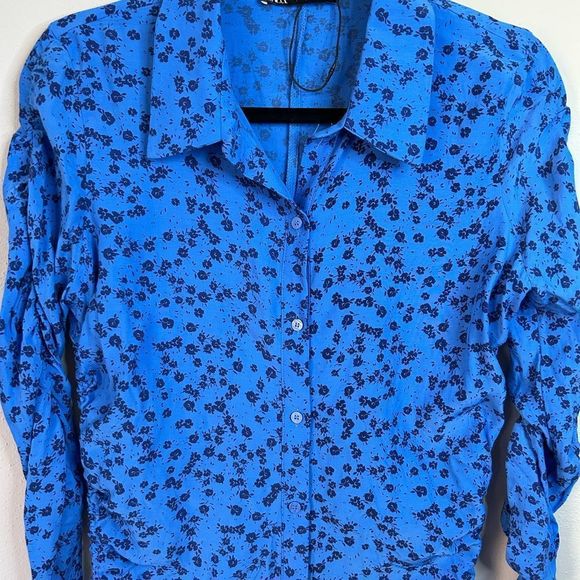 Zara Blue Floral Cinched Sleeved Blouse with Ties - Picture 7 of 12